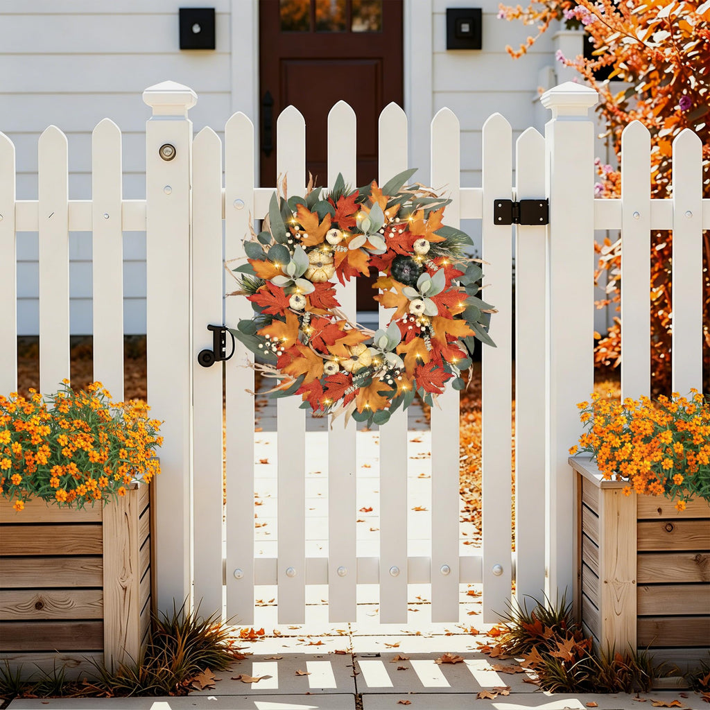 Realistic Fall Wreath with Lights/Timer 24 inch Fall Wreaths for Front Door with Pumpkins Autumn Wreath for