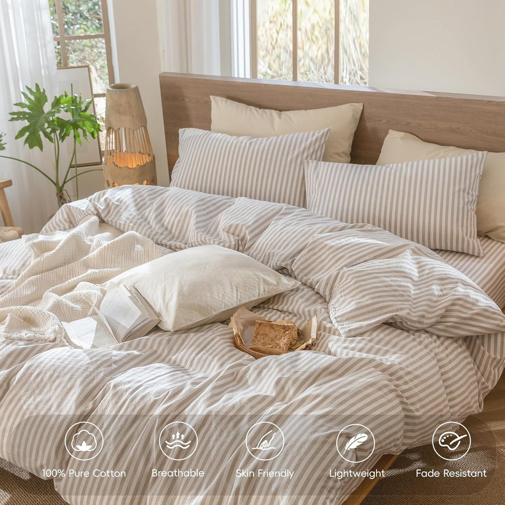 Striped Duvet Cover Set 100% Washed Cotton Linen Like Textured Breathable Durable Soft Comfy (Tannish Linen Grey