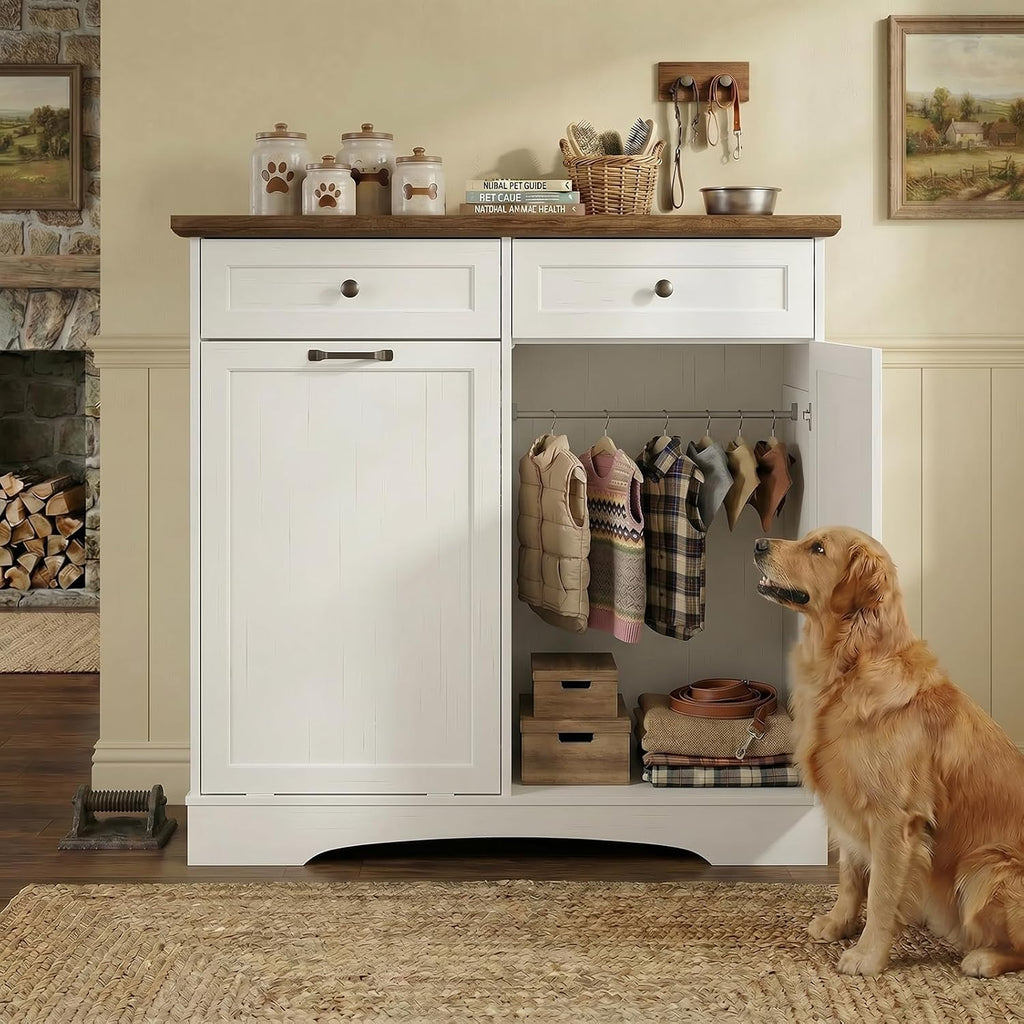 Pet Feeding Station with 4 Bowls, Dual Doors dog cabinet storage