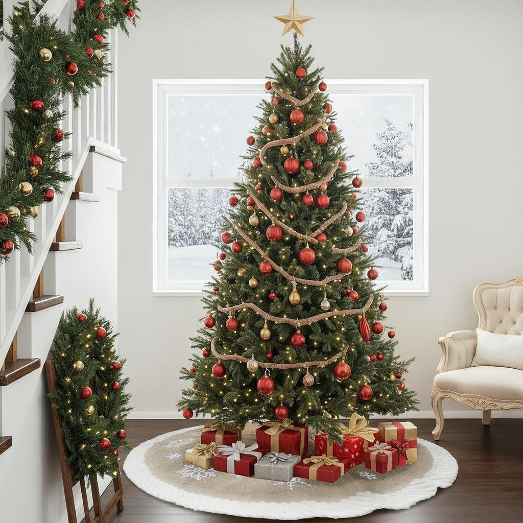 Christmas Tree Skirt 60 inches, Burlap Tree Skirt for 7.5 ft Tree to 9 ft Tree, Large Snowflake Tree Skirt with Faux