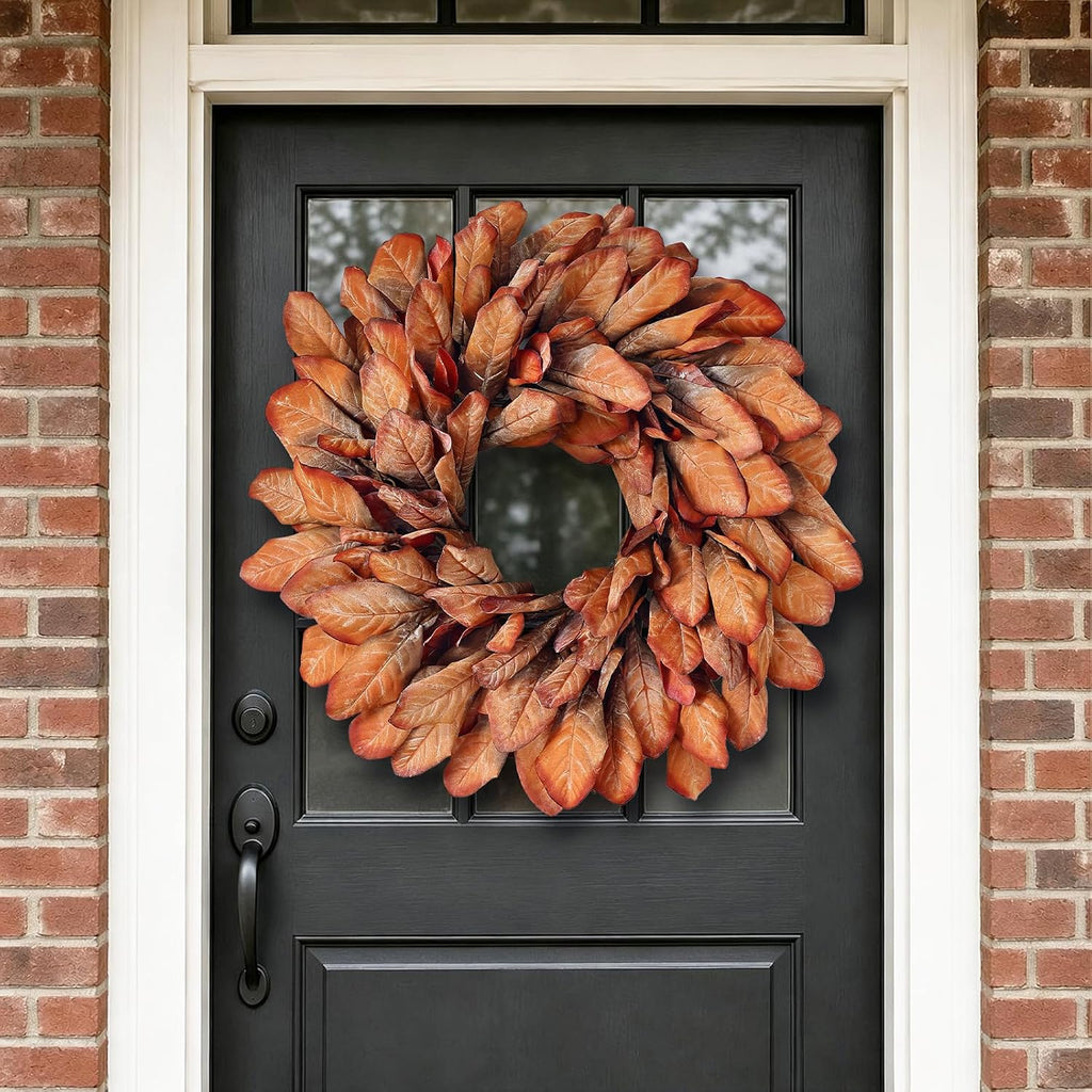 26" Artificial Fall Magnolia Leaf Wreath for Front Door Decoration (Orange)