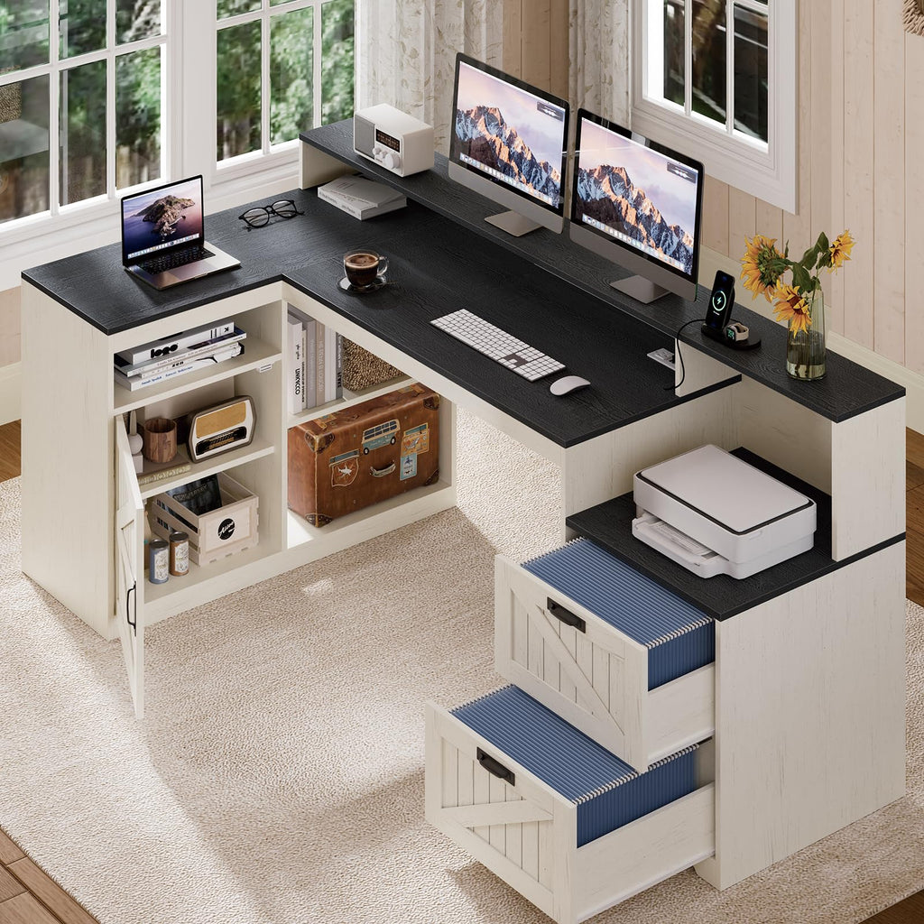 63" Farmhouse L Shaped Desk with Drawers and Printer Stand