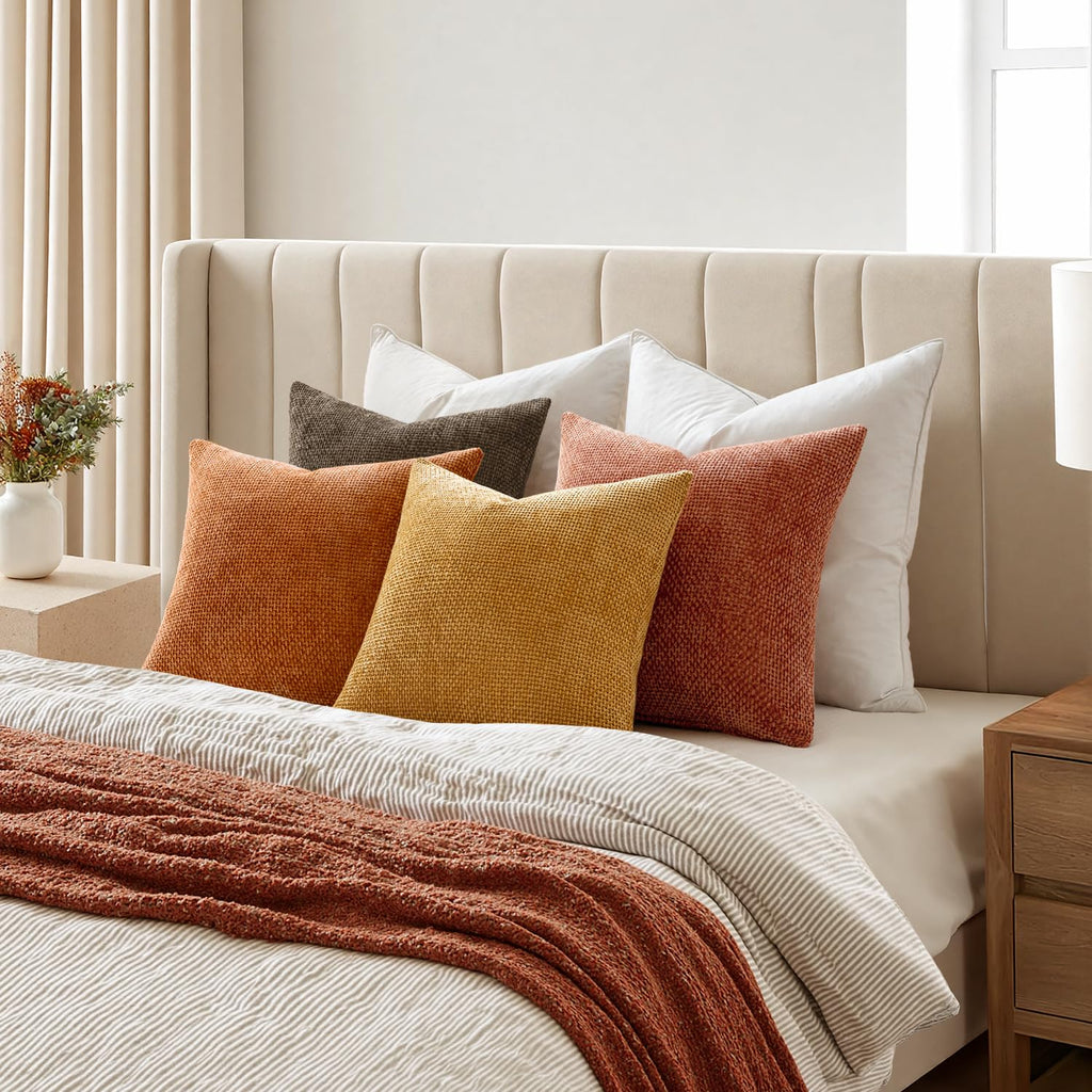 Decorative Chenille Fall Pillow Covers Orange Brown 18x18 Pack of 4