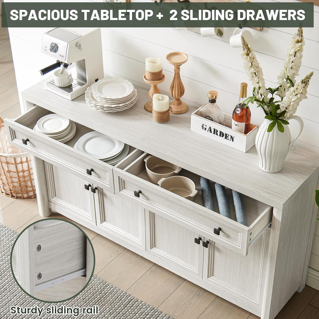 Farmhouse Sideboard Buffet Cabinet with Drawers, 59" Large Credenza Kitchen Storage Cabinets with Shelves & 4 Doors