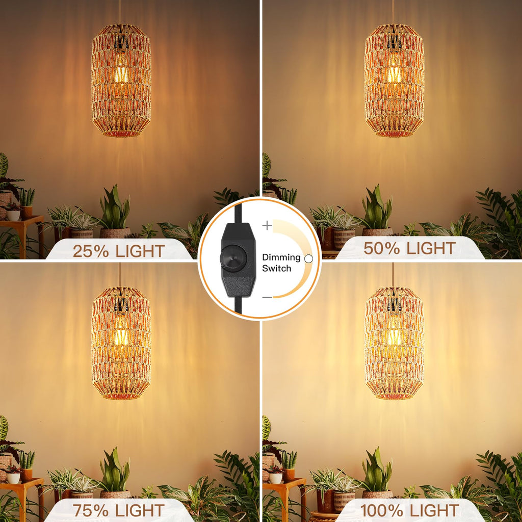 Boho Plug in Pendant Light Rattan Hanging Lights with 15FT Cotton Cord & Stepless Dimming Switch, Woven Wicker Basket