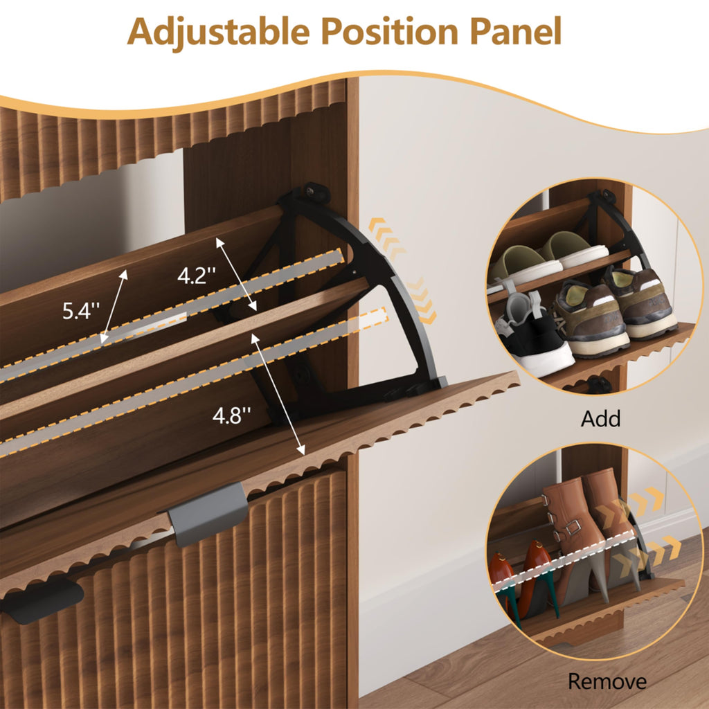 Shoe Cabinet Storage with 2 Flip Drawers, Walnut Fluted Shoe Cabinet with Open Storage, Wooden Hidden Shoe Rack