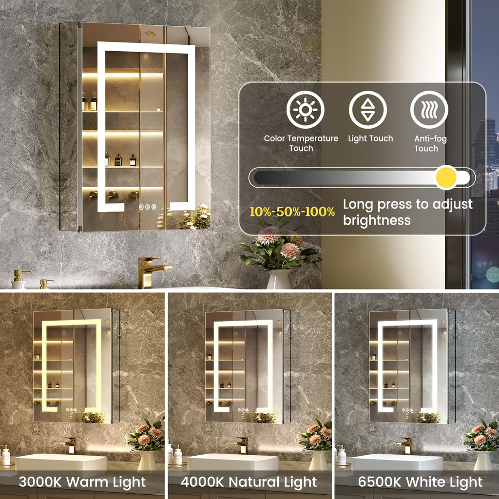 LED Lighted Medicine Cabinet with Mirror, Bathroom Mirror Cabinet with Lights, Outlet and USB, Recessed or Wall