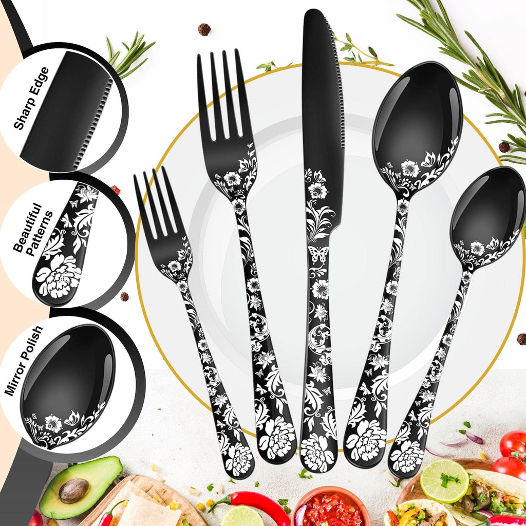 20-Piece Peony Flower Pattern Design Silverware Set, Stainless Steel Flatware Set for 4, Black Cutlery, Mirror