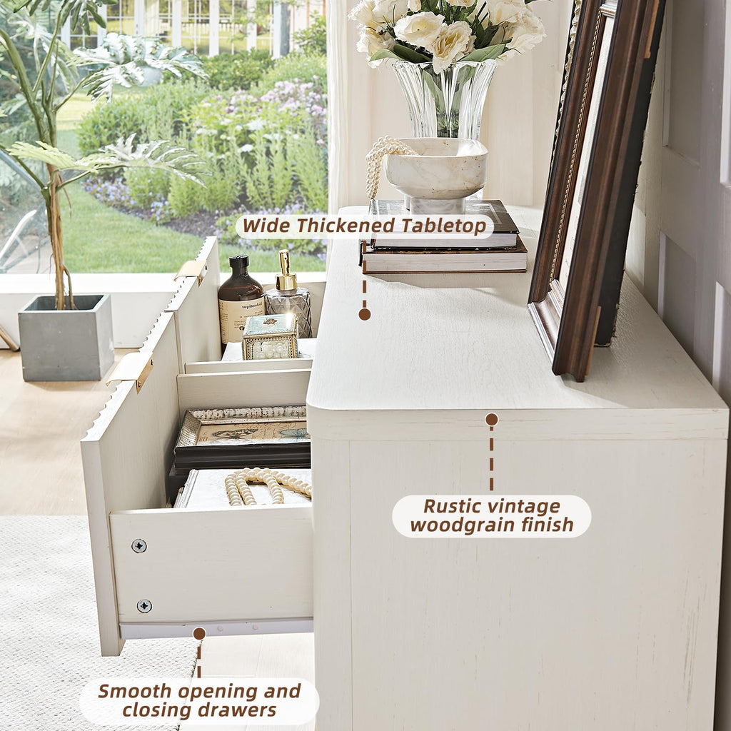 Fluted 6 Drawers Dresser, 48" Wide Modern Chest of Drawers with Wood Grain Top, Curved Profile Design, Dresser TV