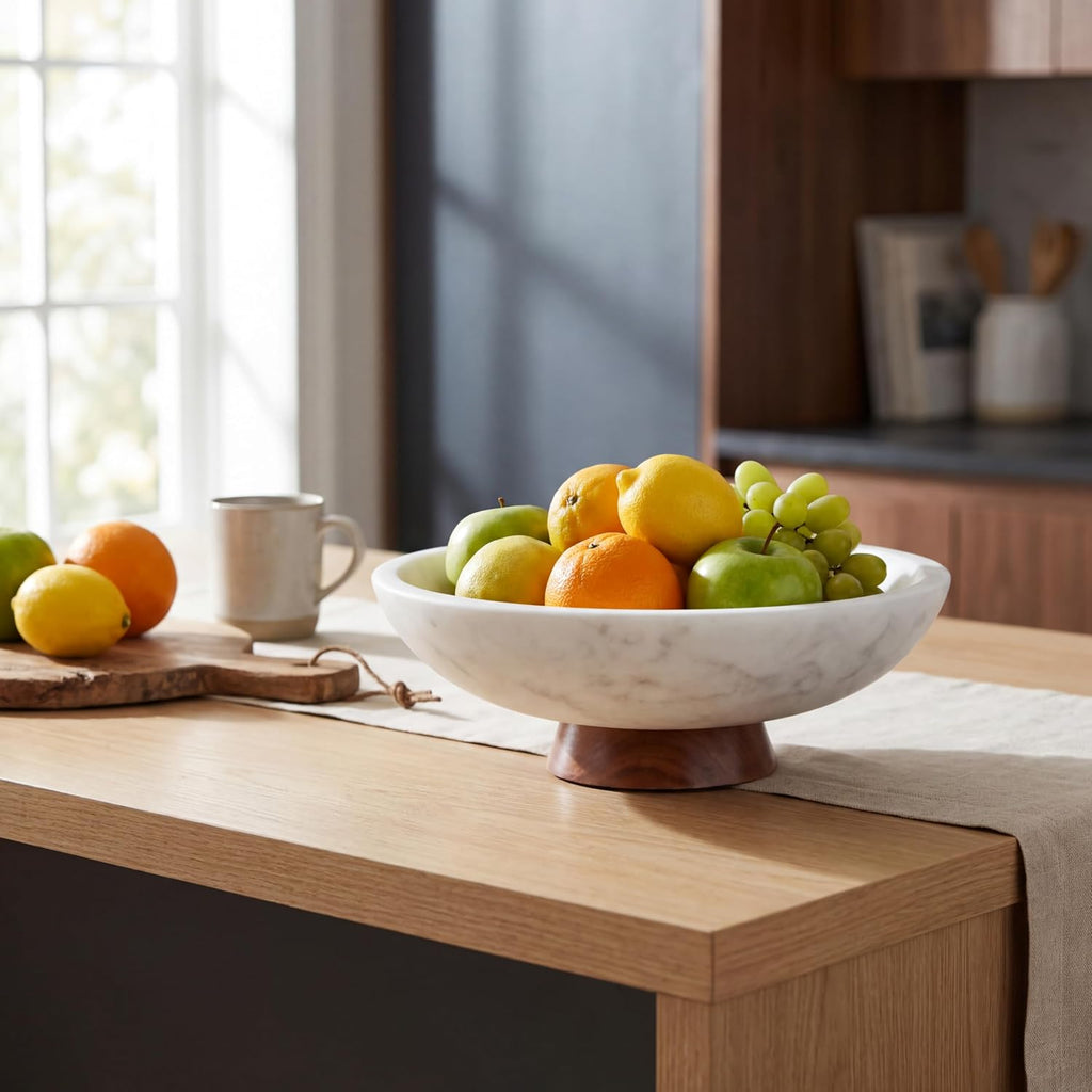 Decorative Marble Bowl White - Handcrafted Natural Stone on Removable Acacia Wood Pedestal Base - Versatile 10"