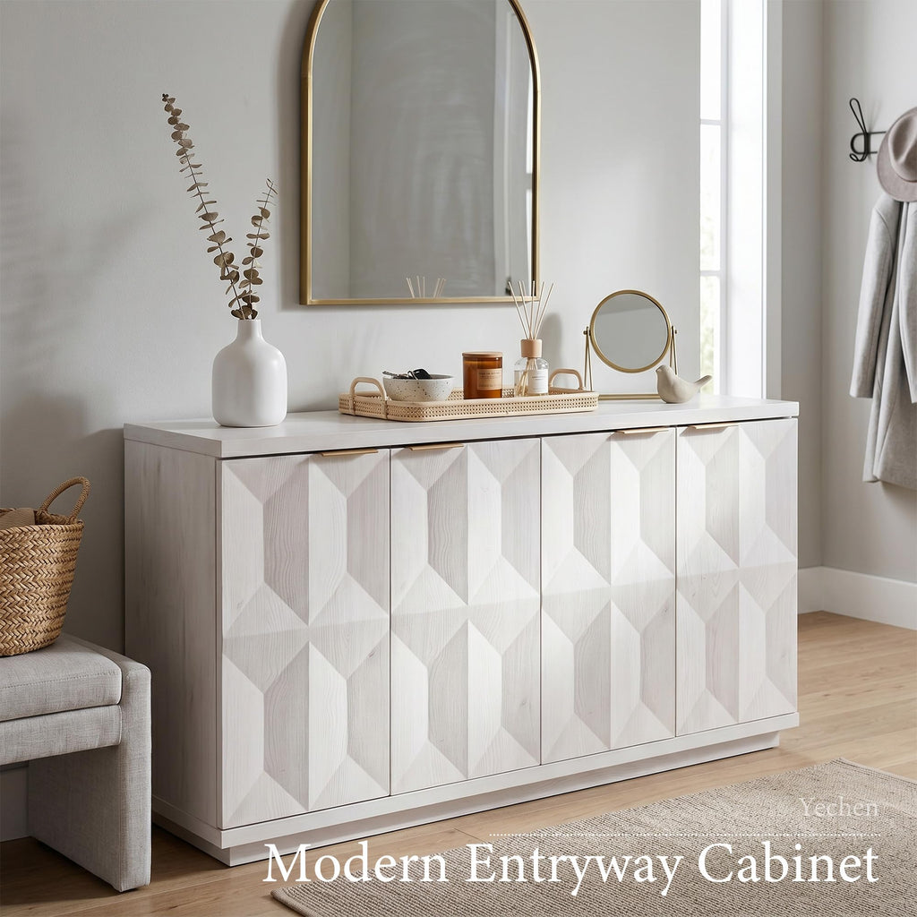 59"W Sideboard Buffet Cabinet with 3D Geometric Doors, White Oak