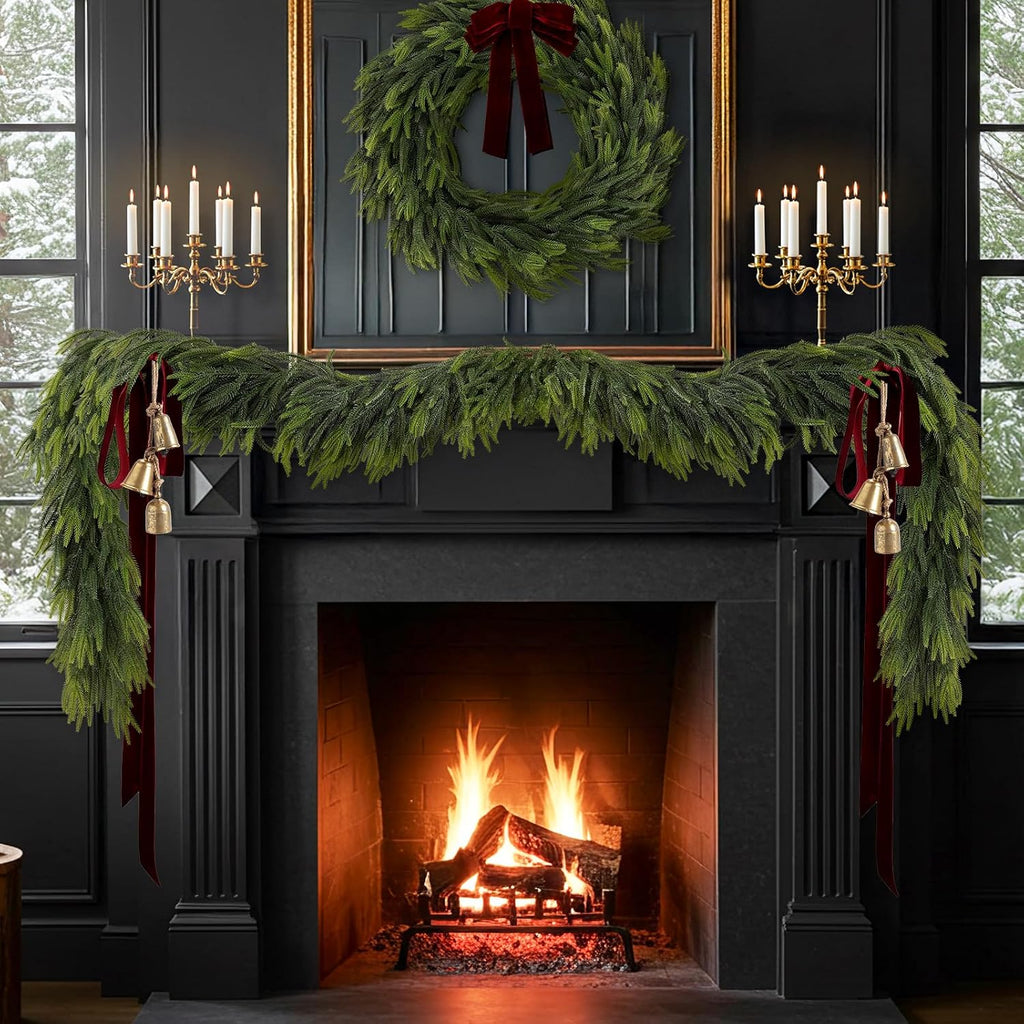 9FT Christmas Norfolk Pine Garland Real Touch Artificial Greenery Garlands Faux Winter Garland for Mantle Fireplace