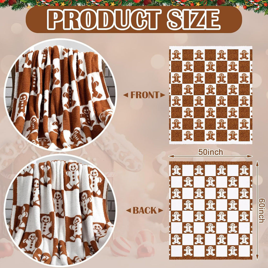 Christmas Gingerbread Man Knit Throw Blanket, 50 x 60 Inch Xmas Reversible Knitted Throw Blanket, Cozy Lightweight