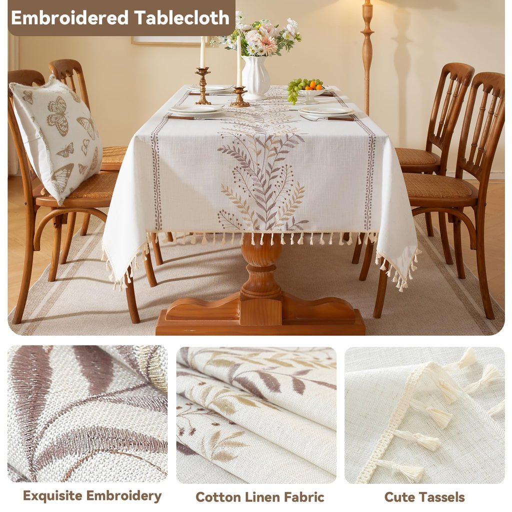 Fall Coffee Fern Embroidered Rectangle Tablecloth Tassels 55"×75"