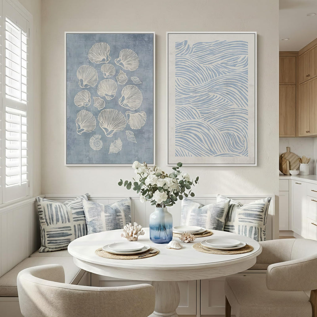 Large Framed Abstract Coastal Blue White Wall Art, 24x36 In