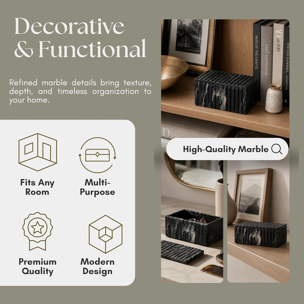 Decorative Marble Ridged Box Decor - Modern Storage Box with Lid for Jewelry, Keepsake, and Shelf Accent - Home