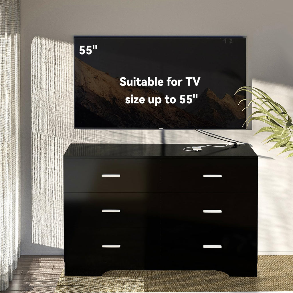 Dresser with Power Outlets Wooden 6 Drawer Dresser with USB and Type C Port Chest of Drawers Tall Black Organizer