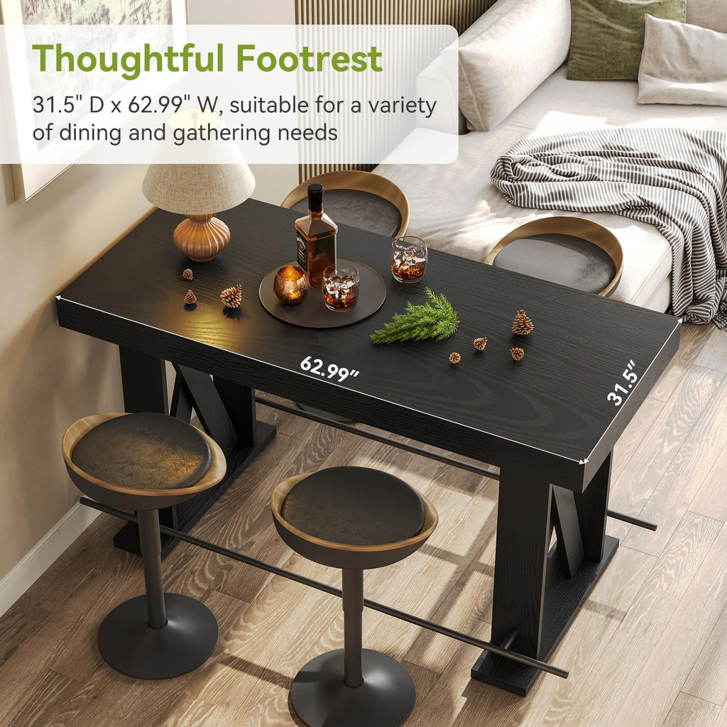63" Bar Table, Pub Table with Metal Footrest (Black, 1)