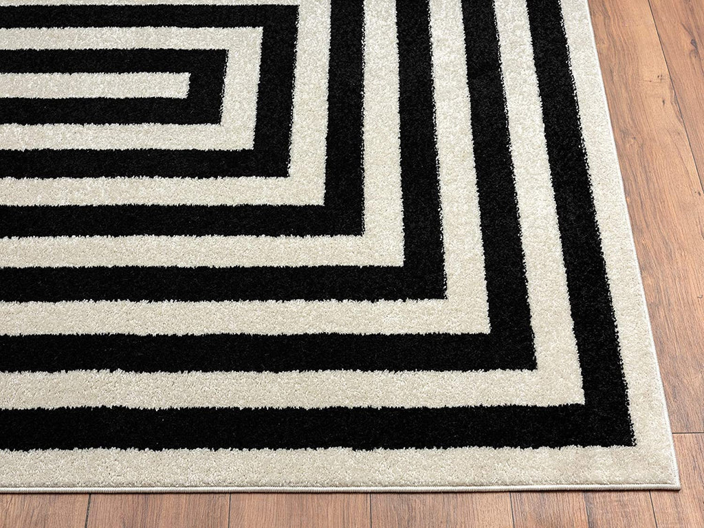 Contemporary Black & Ivory Area Rug, Contrasting Geometric Modern Stripe Symmetrical Living Room Carpet Rugs