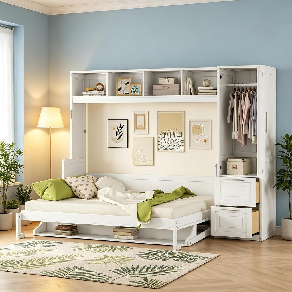 Queen Horizontal Murphy Bed with Desk, Wardrobe, Storage Drawers & Shelves, White