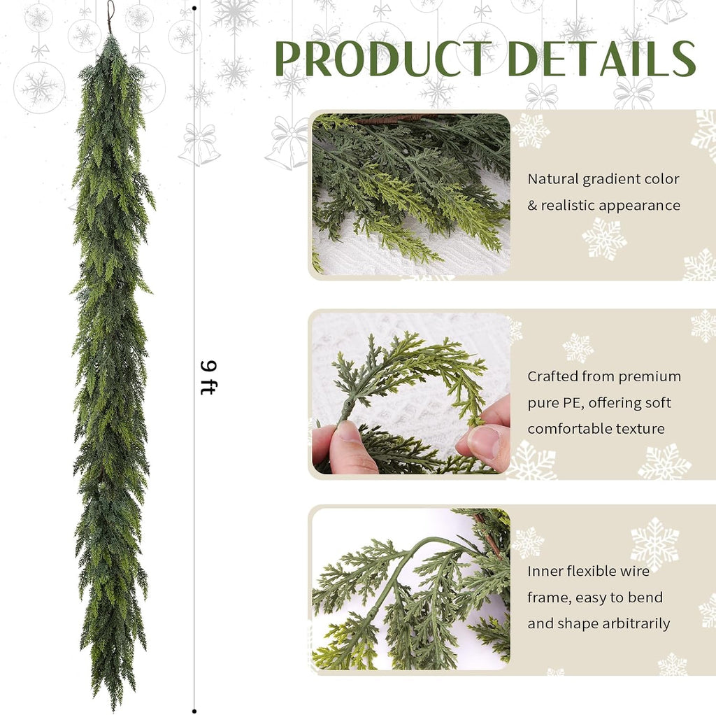 Ft Christmas Cedar Garland, Real Touch Soft Greenery Mantel Decor - Set of 9