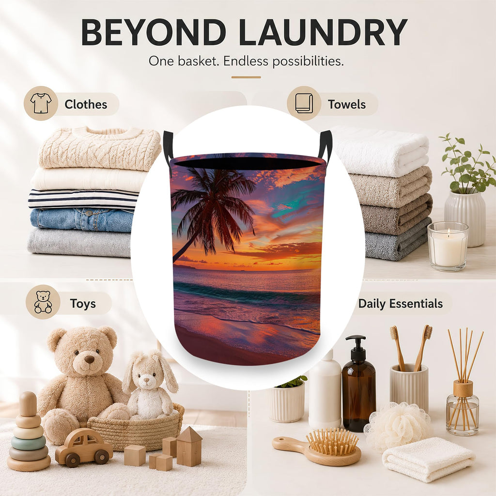 Hamper, Tropical Beach Collapsible Sunset Palm Laundry Baskets Waterproof Oxford Cloth With Handles, Clothes Storage