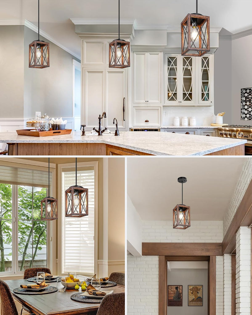 2 Pack Farmhouse Pendant Light, Metal Hanging Light Fixture with Wooden Grain Finish, 48 Inch Adjustable Pipes for