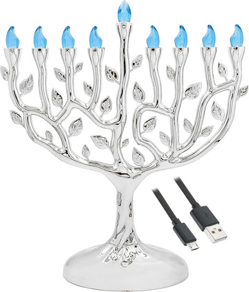 LED Electric Silver Hanukkah Tree of Life - Battery or USB Powered - Includes a Micro USB 4' Charging Cable (1-Pack