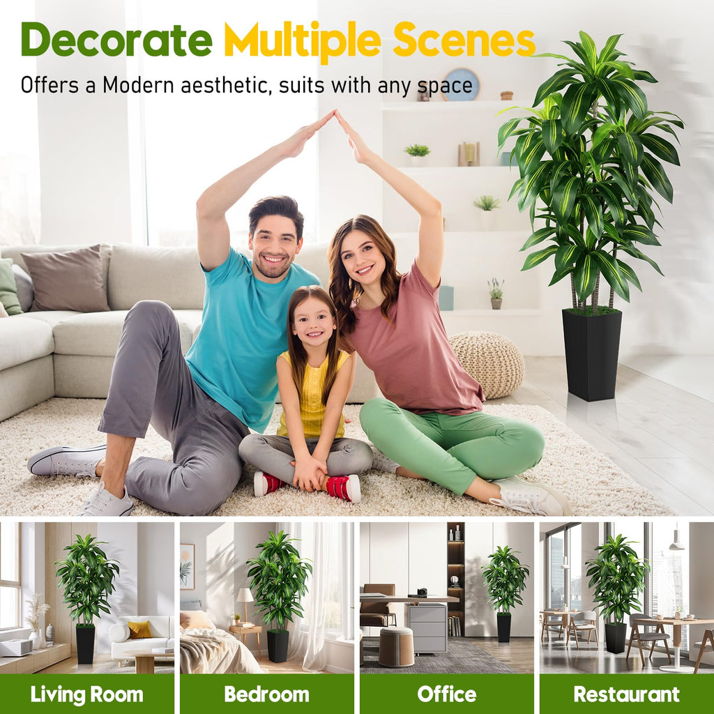 Dracaena Tree Indoor, 6FT Tall Fake Tree with Black Tall Planter