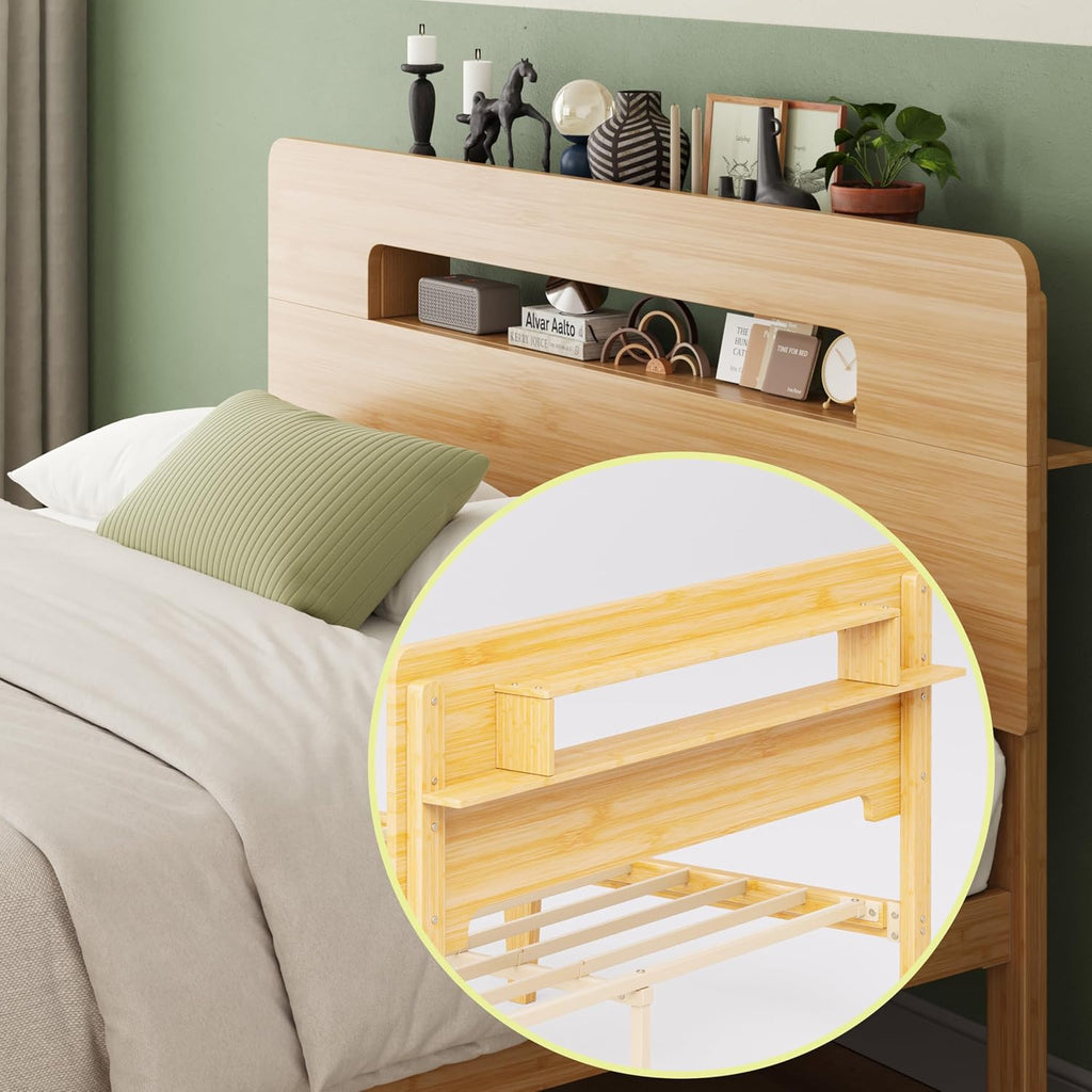 Solid Bamboo Wood Queen Bed Frame with Storage Headboard, 14 inch Platform Bed Frame Queen No Box Spring Needed with