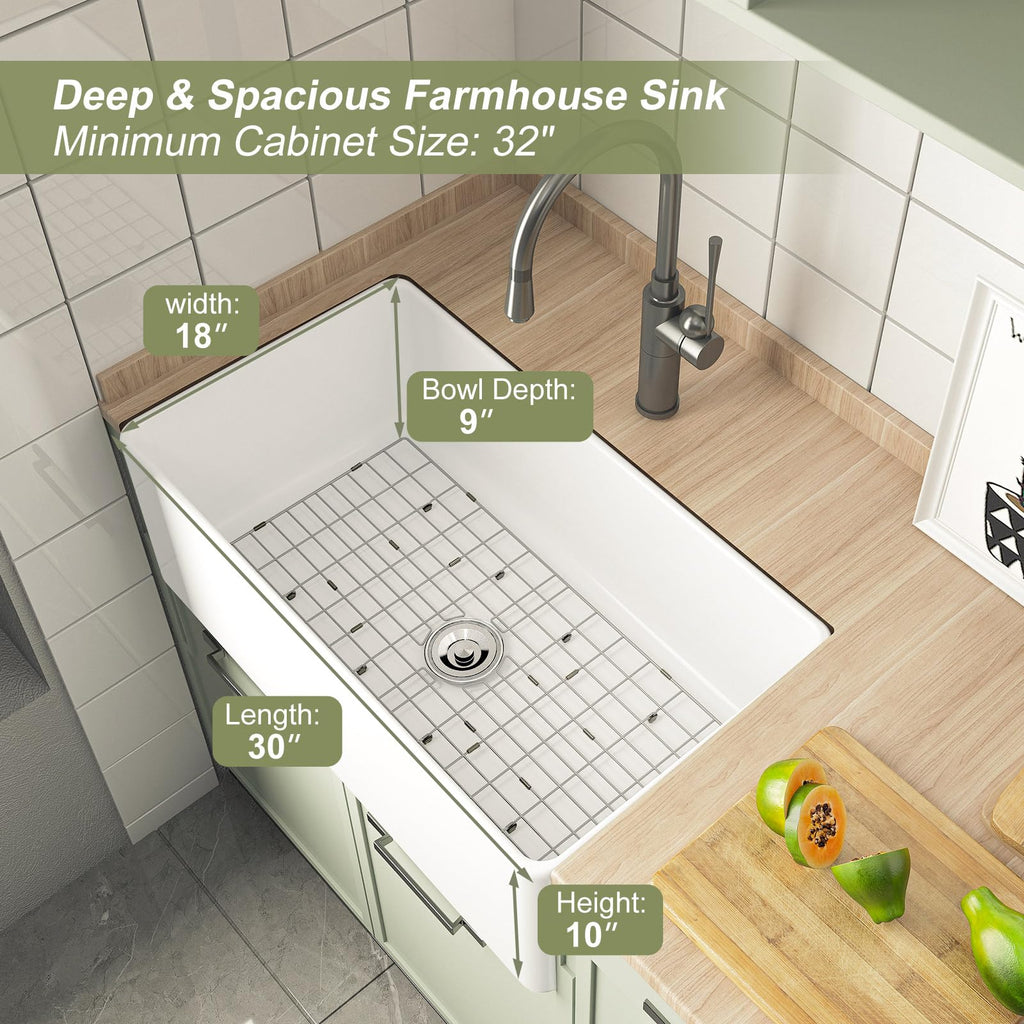 Farmhouse Kitchen Sink, 30-inch Single Bowl Sink with Bottom Grid & Strainer, Large Apron-front Ceramic Porcelain