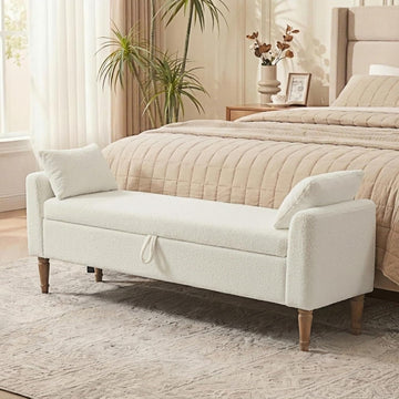 66" End of Bed Storage Bench with Arms, Boucle, Ivory | Flip-top Storage, Bench Daybed, 2 Bolster Pillows, Rubberwood