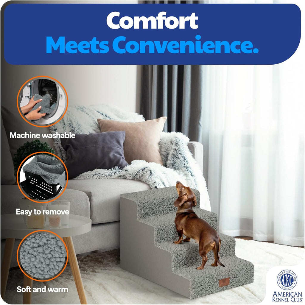 AKC 4-Step Pet Stairs - Durable, Non-Slip Steps for Small Dogs and Cats, Washable Cover, Simple No-Tool Assembly