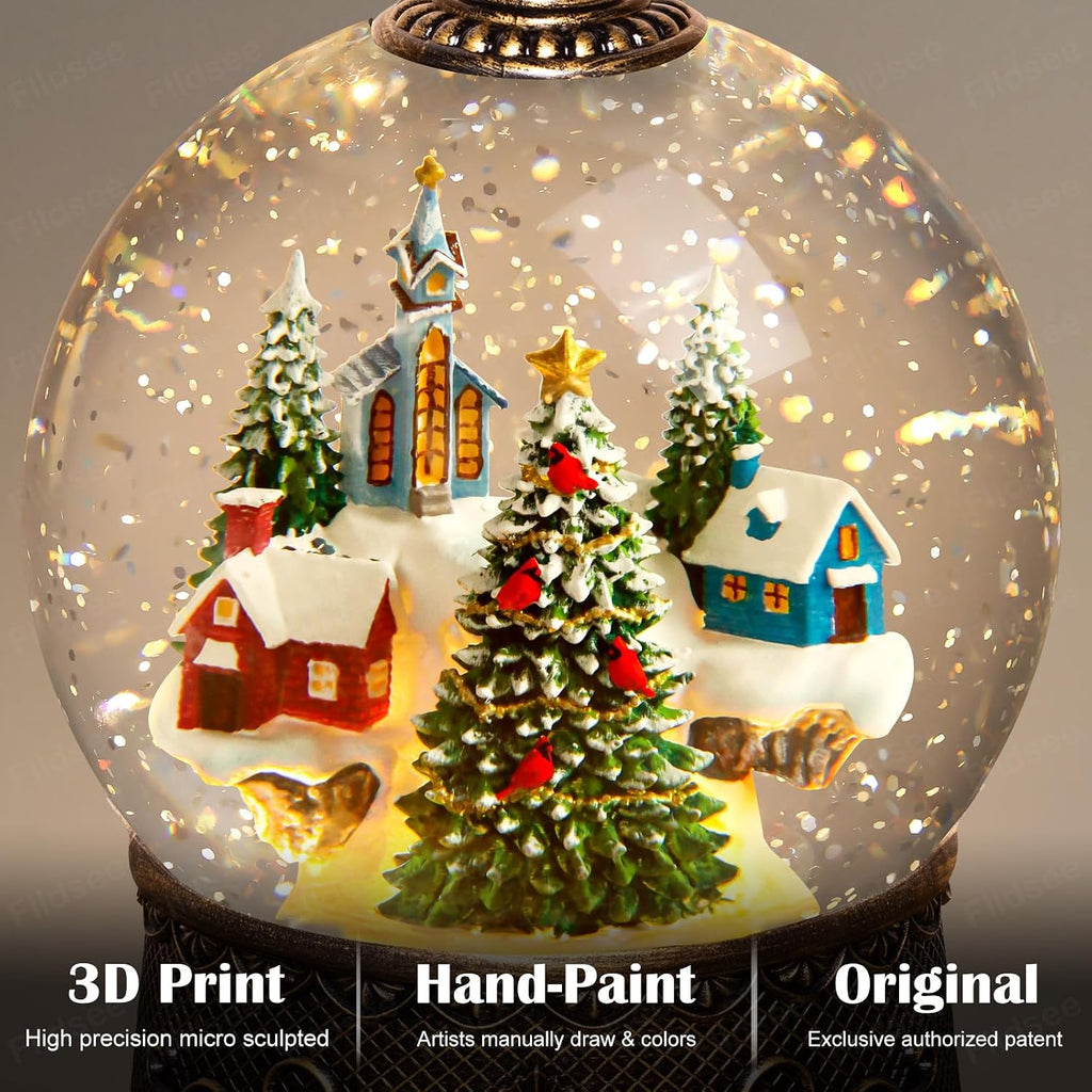 Christmas Snow Globe Lantern, Glitter Musical Snowglobe Light with Timer, USB & Battery Powered Music Box, Village