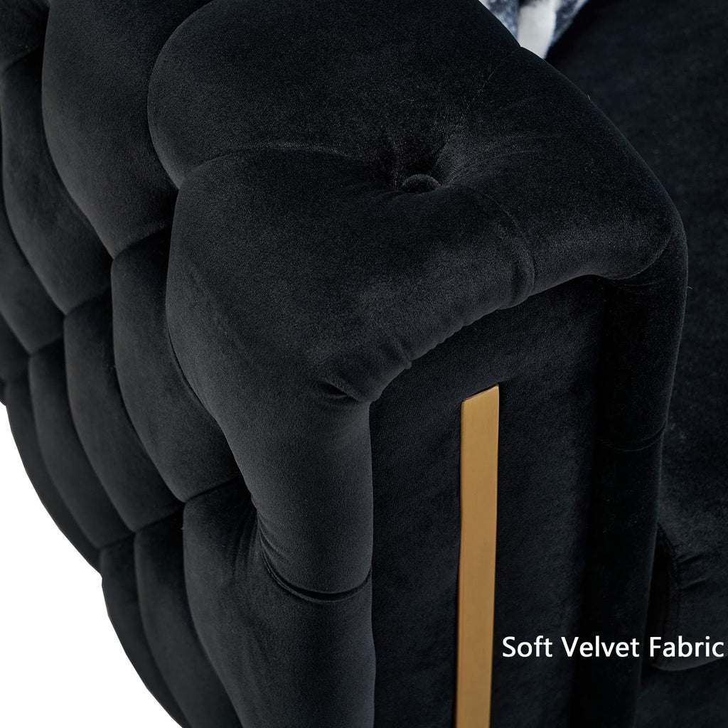 Velvet Tufted Sofa, 84" Mid-Century Modern Couch with 2 Throw Pillows, High Arms & Gold Metal Legs, Luxury