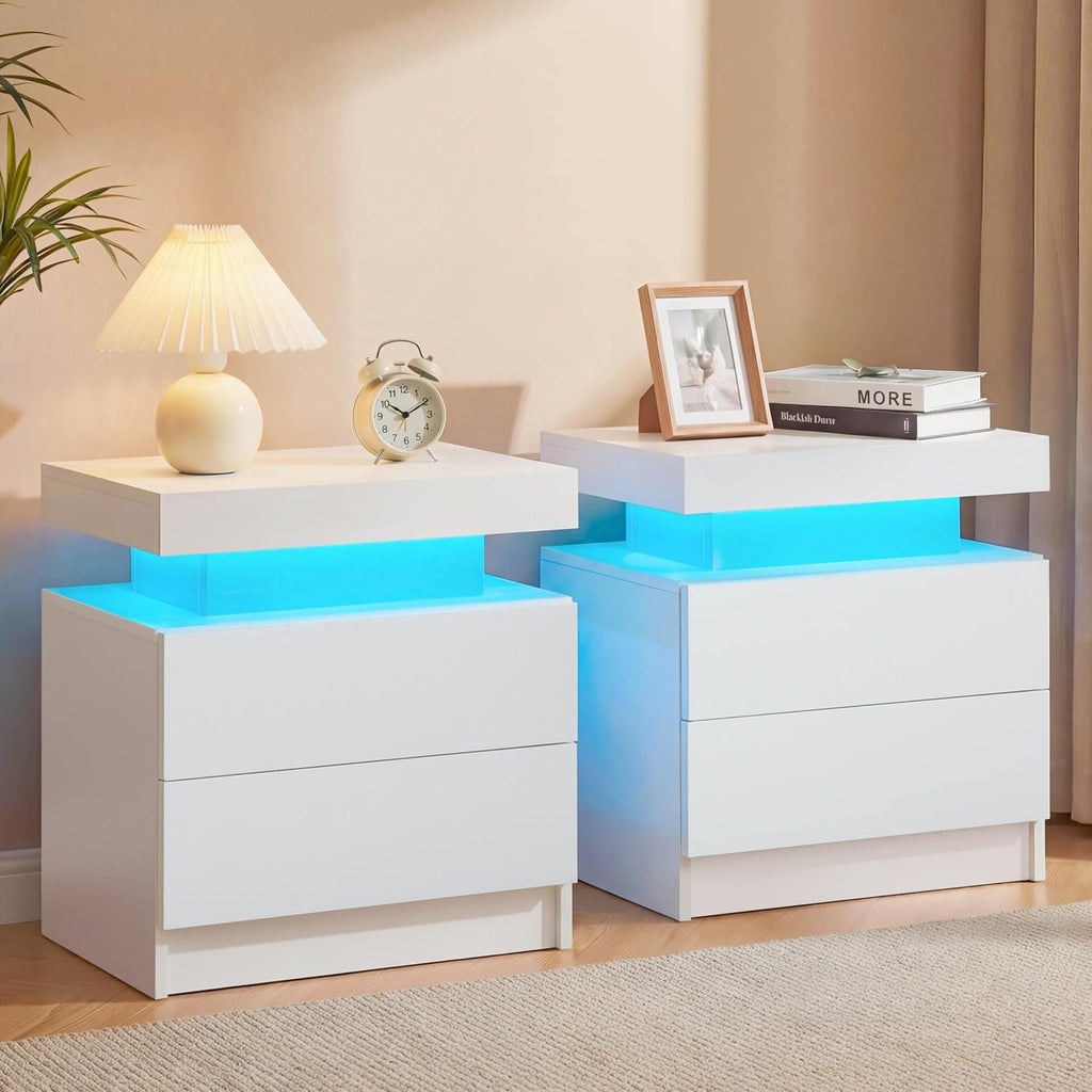 Nightstands Set of 2,LED Night Stand Set 2,Bedside Table with Wood Drawers,Modern End Side Table ,White