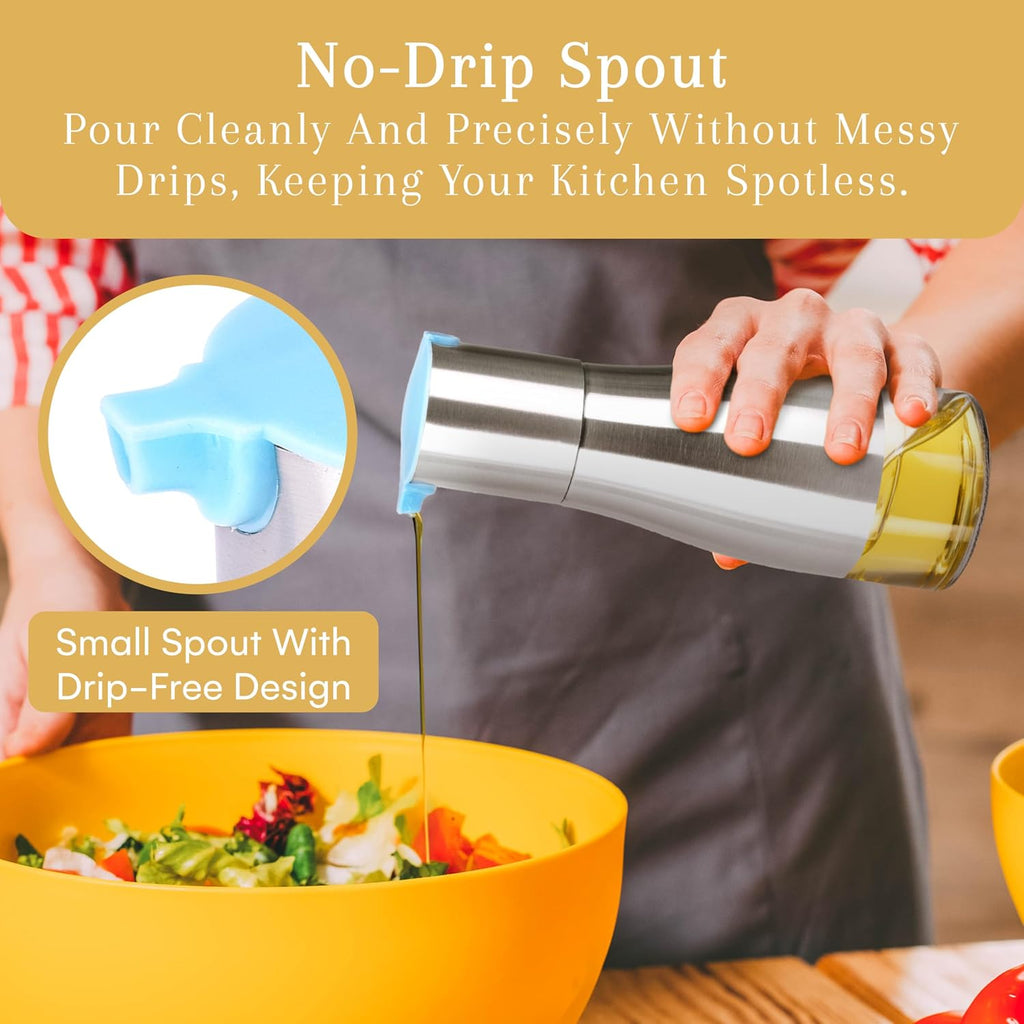 2LB Depot Oil and Vinegar Dispenser Set - Brushed Steel & Glass Containers with Anti-Drip Spout Lid - Easy-Clean - Set of 2