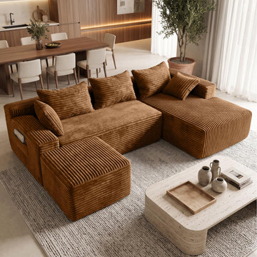 Boneless Couch 95" U-Shaped Sectional Couches with Ottoman, Brown