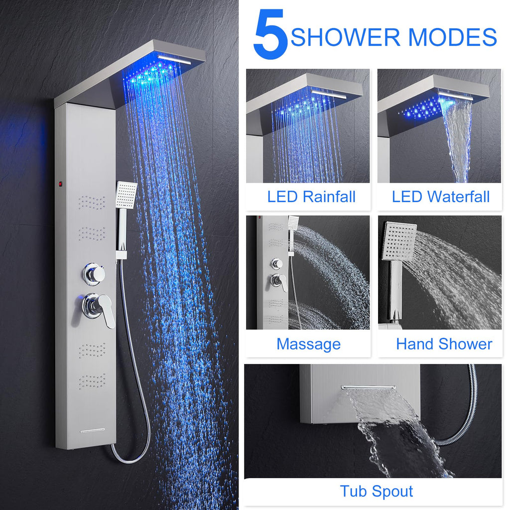 Shower Panel Tower System with LED Lights, Brushed Stainless Steel