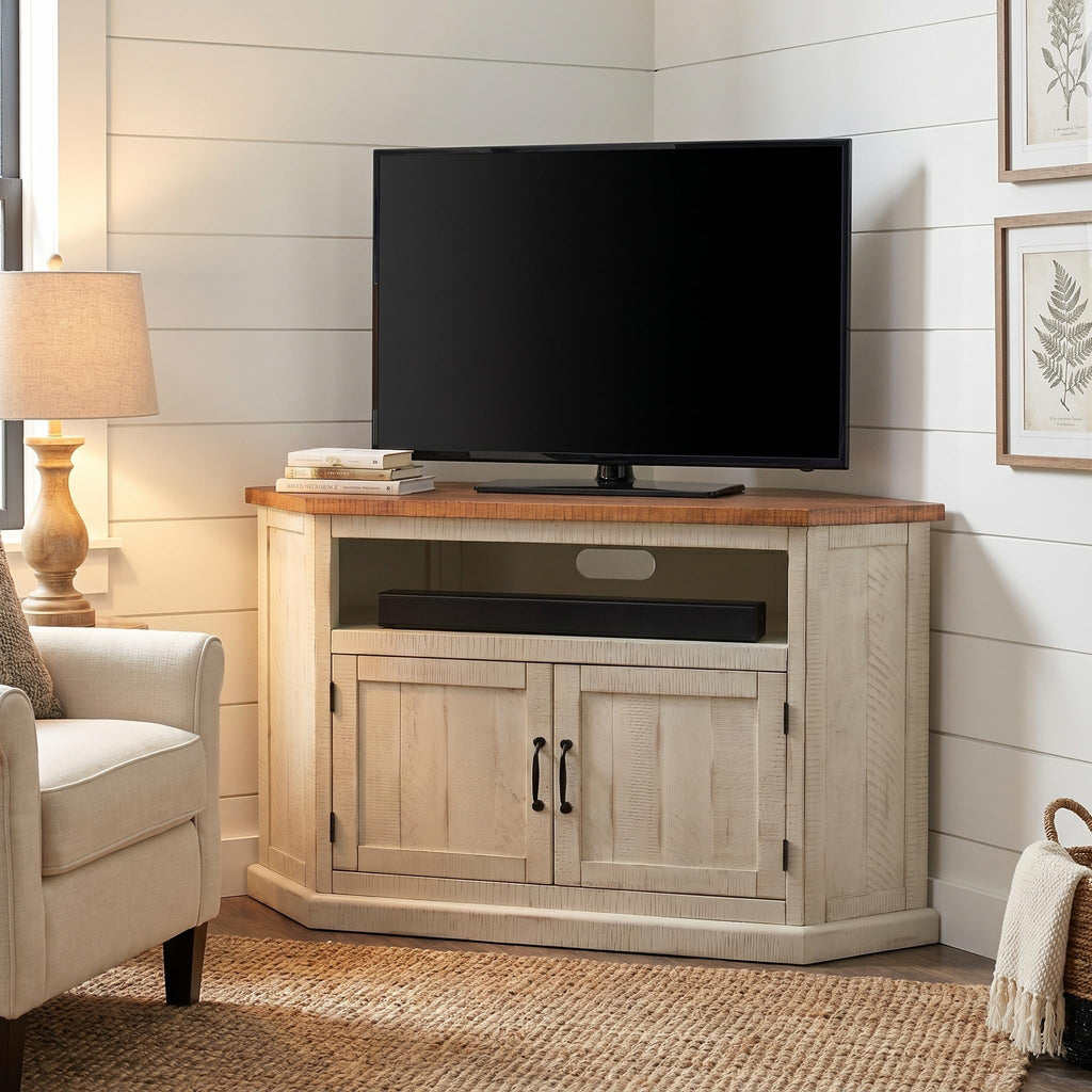 Rustic Corner Solid Wood TV Stand, White and Honey