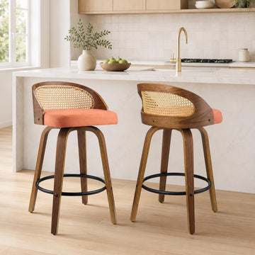 26" Swivel Counter Height Bar Stools Set of 2, Rattan Back, Orange Fabric