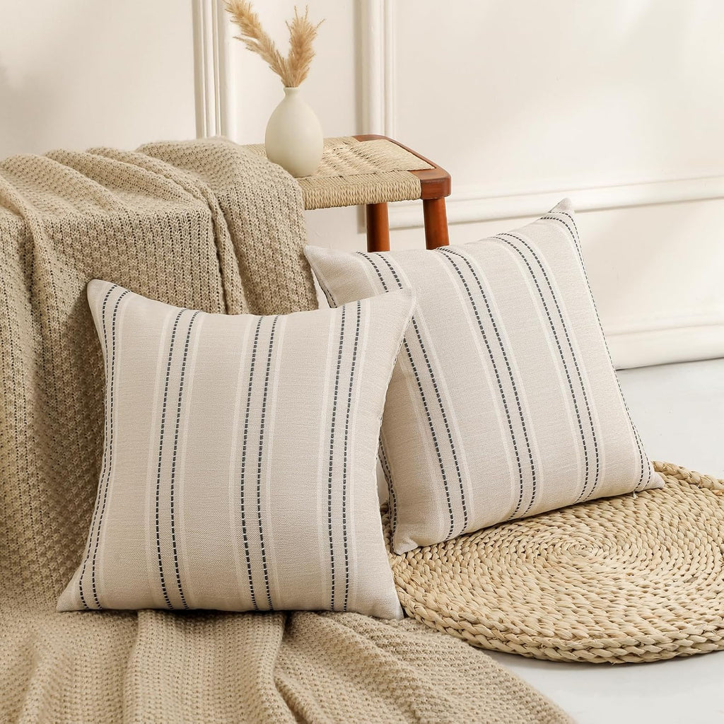 Throw Pillow Covers 20x20 Set of 2 Striped Pillow Covers Textured Linen Decorative Pillows Square Cushion Covers, Grey
