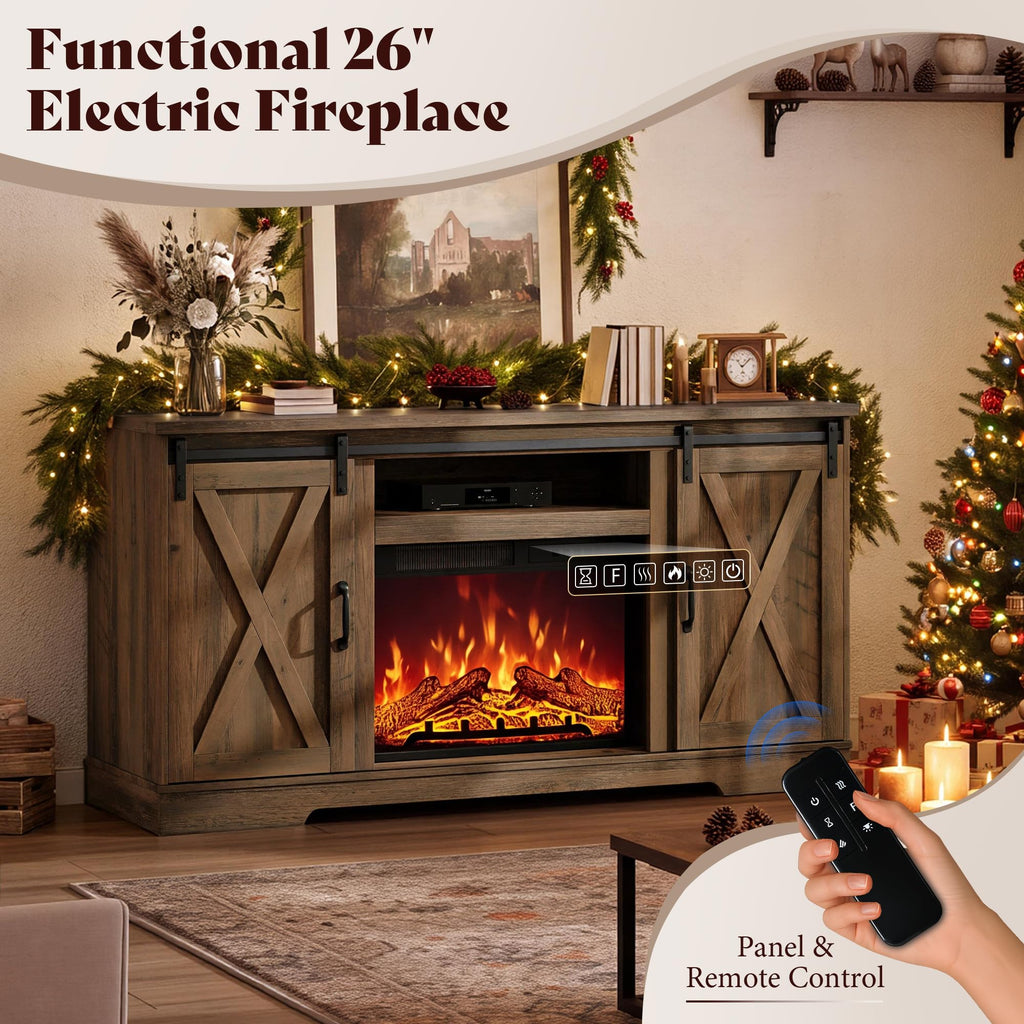 59" Fireplace TV Stand for TVs up to 65" with Sliding Barn Doors