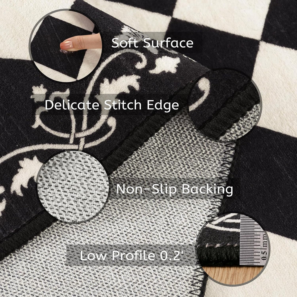 Checkered Kitchen Runner Rug 2x6 Vintage Modern Washable Runners s Non Slip Low Pile, Moroccan Framhouse Bathroom