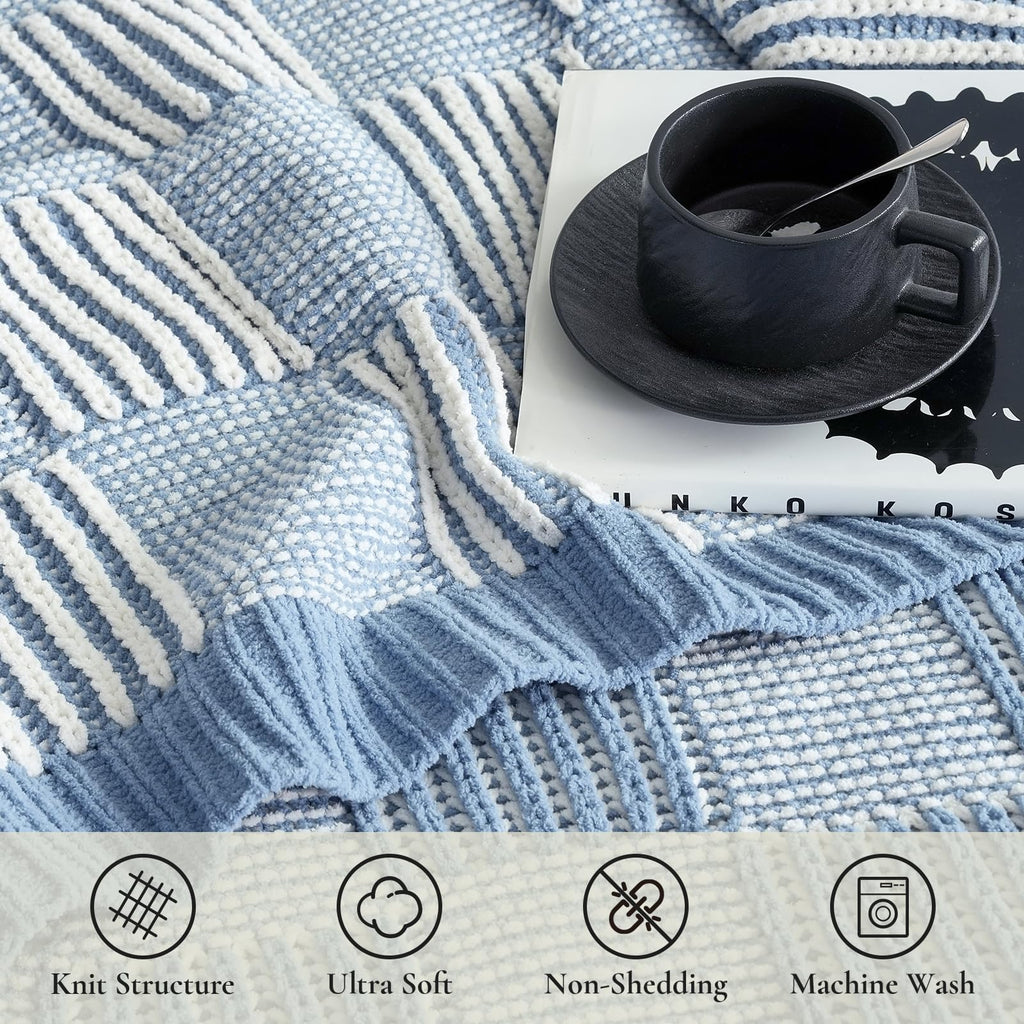 Checkered Knit Throw Blanket for Couch, Blue 50"x60"