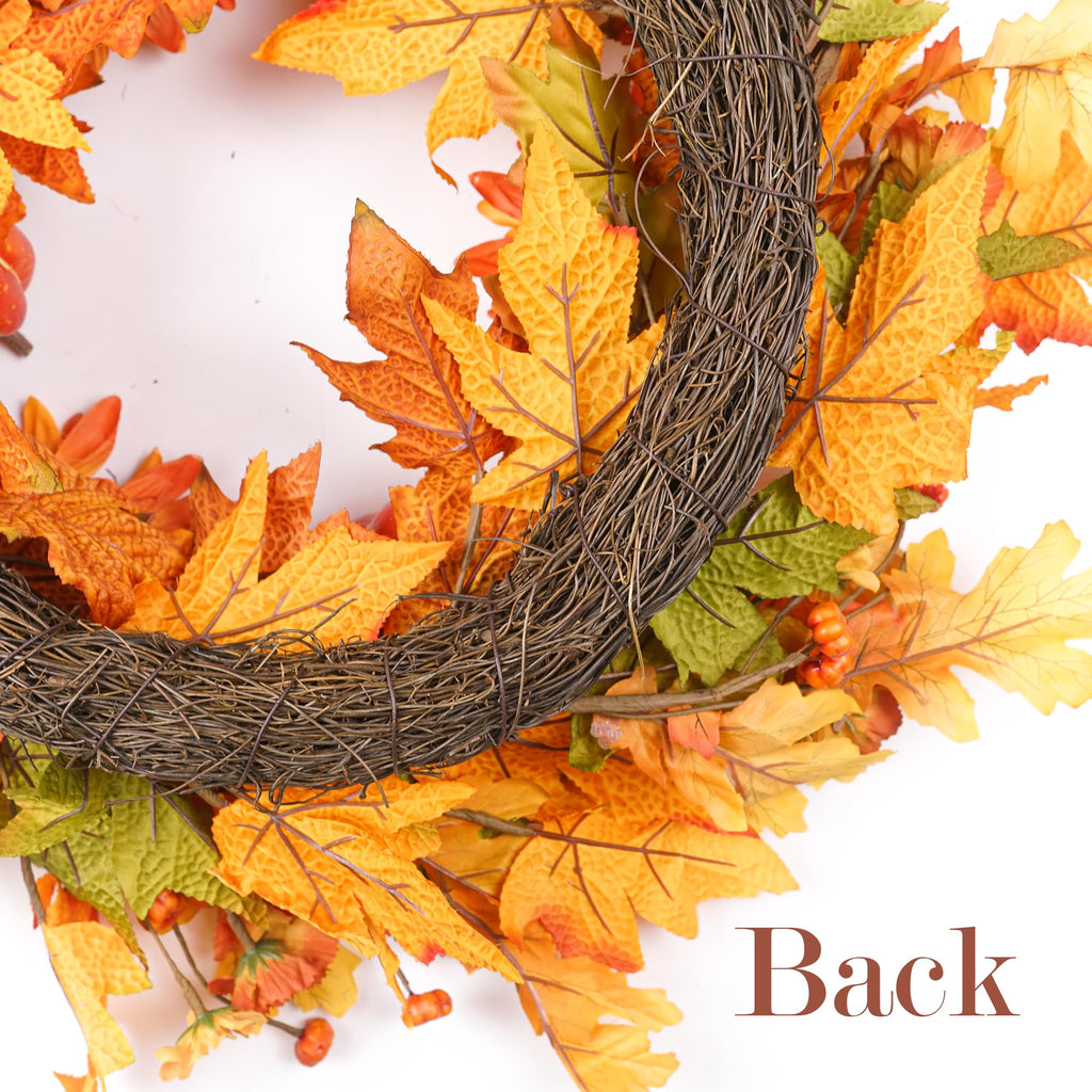 Fall Wreaths for Front Door 22 Inch, Autumn Wreath with Berry Pumpkin, Maple Leaves, Thanksgiving Harvest Festival