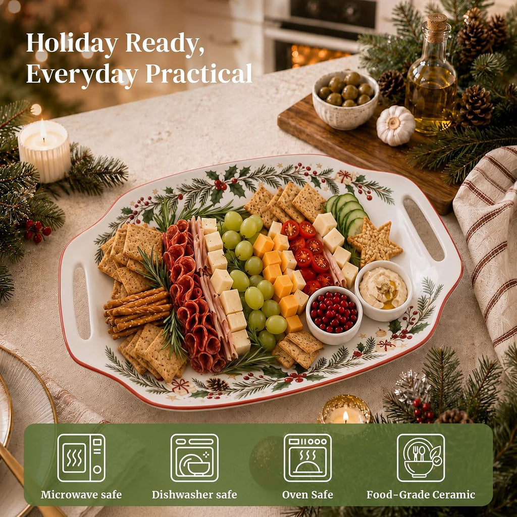 Christmas Serving Tray with Handles - 16.5 Inch Large Ceramic Platter for Turkey, Ham & Party Food, Rectangular