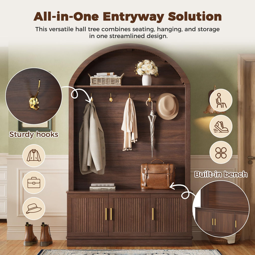 Farmhouse Hall Tree with Bench, Arched Entryway Hall Tree with 5 Hooks, Open Shelf & Fluted Door Cabinets, Mid