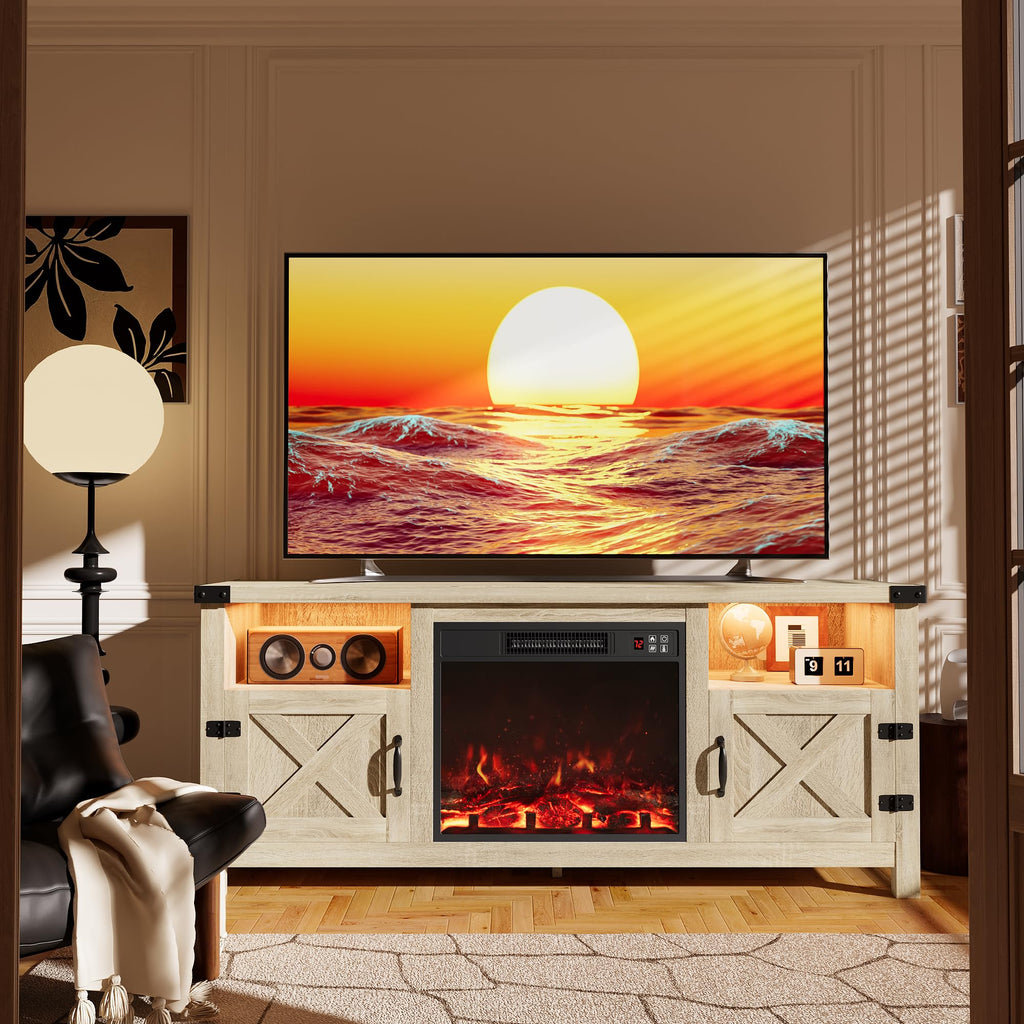 LED Entertainment Center with Fireplace, Light Oak