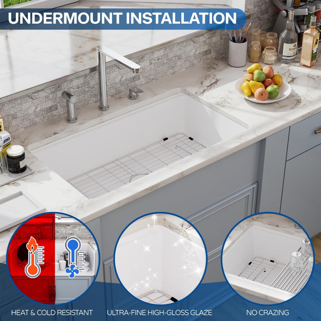 30 White Farmhouse Sink Reversible Workstation, Undermount Farm Kitchen Sink 30x20 inch Apron Front White Porcelain